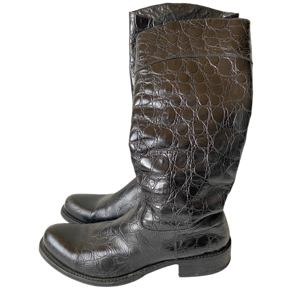 Doucal's Black Crocodile Embossed Leather Knee High Boots Italy Size 39EU/6.5 US